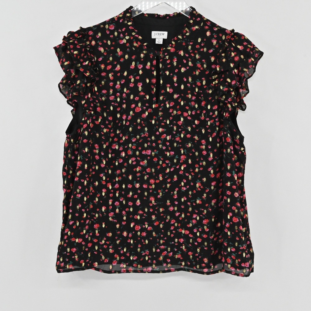 J Crew Ruffled Floral Blouse Womens Size L Black Pink Gold Metallic Romantic
